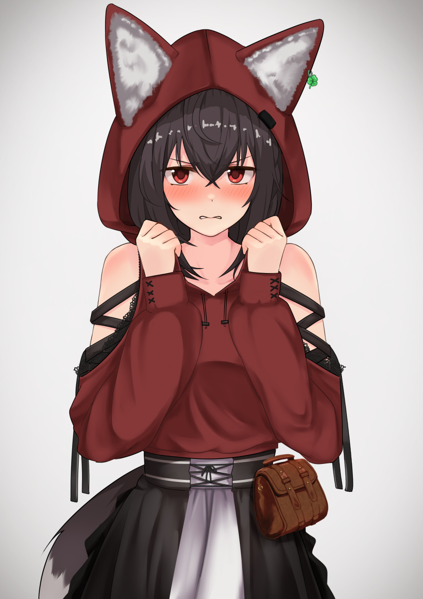 1girl absurdres animal_ears bangs bare_shoulders belt belt_pouch black_hair black_skirt blush braid clenched_hands commentary_request eyebrows_visible_through_hair fox_ears fox_girl fox_tail hair_between_eyes highres hololive hood hoodie kurokami_fubuki looking_at_viewer micon pouch red_eyes red_hoodie sidelocks simple_background single_braid skirt solo tail virtual_youtuber wavy_mouth white_background