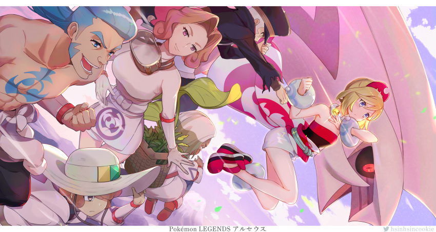 3boys 3girls abs anklet black_coat black_headwear blonde_hair blue_hair bracelet brown_hair calaba_(pokemon) chest_tattoo clenched_hand coat commentary_request copyright_name gaeric_(pokemon) glint hairband hat highres hsin ingo_(pokemon) irida_(pokemon) jewelry lian_(pokemon) long_hair multiple_boys multiple_girls muscular muscular_male navel open_mouth palina_(pokemon) palkia pearl_clan_outfit pokemon pokemon_(game) pokemon_legends:_arceus ponytail red_footwear red_hairband sash shiny shiny_hair shirt shoes short_hair shorts strapless strapless_shirt tattoo topless_male waist_cape white_shorts