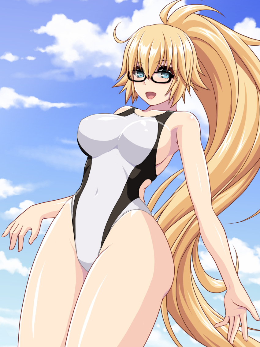 1girl abu black-framed_eyewear blonde_hair blue_eyes blue_sky breasts clouds commentary_request competition_swimsuit cowboy_shot day fate/apocrypha fate/grand_order fate_(series) glasses highleg highleg_swimsuit highres jeanne_d'arc_(fate) jeanne_d'arc_(fate/apocrypha) jeanne_d'arc_(swimsuit_archer)_(fate) large_breasts long_hair looking_at_viewer one-piece_swimsuit ponytail sky solo standing swimsuit white_swimsuit