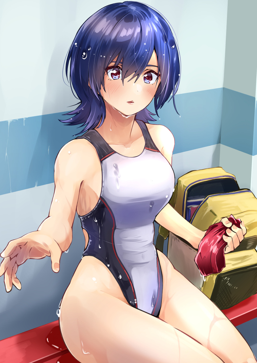 1girl absurdres akane_(getwild23) bag blue_eyes blue_hair commentary_request competition_swimsuit highleg highleg_swimsuit highres one-piece_swimsuit original red_headwear short_hair sitting solo swim_cap_removed swimsuit wet wet_clothes wet_swimsuit white_swimsuit