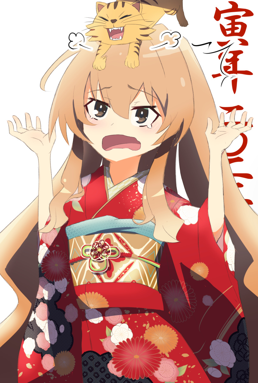 1girl aisaka_taiga bangs brown_eyes brown_hair chinese_zodiac commentary_request eyebrows_visible_through_hair floral_print hair_between_eyes hands_up highres japanese_clothes kimono long_hair long_sleeves new_year nuage obi open_mouth palmtop_tiger red_kimono sash teardrop tiger toradora! translation_request very_long_hair wavy_mouth white_background wide_sleeves year_of_the_tiger yukata