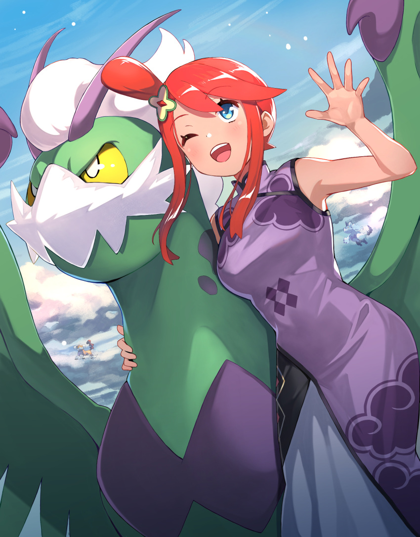 1girl ;d blue_eyes blue_sky blush breasts china_dress chinese_clothes clouds dress flying hair_ornament hand_up highres hirono_(hxze4434) horns landorus landorus_(therian) medium_breasts official_alternate_costume one_eye_closed open_mouth pokemon pokemon_(creature) pokemon_(game) pokemon_masters_ex purple_dress redhead riding sidelocks sky skyla_(pokemon) smile tan thundurus thundurus_(therian) tied_hair tornadus tornadus_(therian) wings yellow_eyes