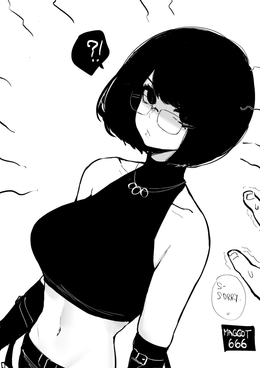 ! !? &gt;:( 1boy 1girl ? annoyed arm_belt arms_at_sides artist_logo artist_name bare_shoulders belt belt_buckle black_hair bob_cut breasts buckle collarbone crop_top desyana_laurentia dutch_angle elbow_gloves english_text frown glasses gloves greyscale highres jewelry large_breasts looking_at_viewer medium_hair midriff mole mole_under_eye monochrome navel necklace norman_maggot original pov pov_hands pursed_lips rimless_eyewear sleeveless speech_bubble spoken_exclamation_mark spoken_question_mark trembling turtleneck upper_body upturned_eyes v-shaped_eyebrows
