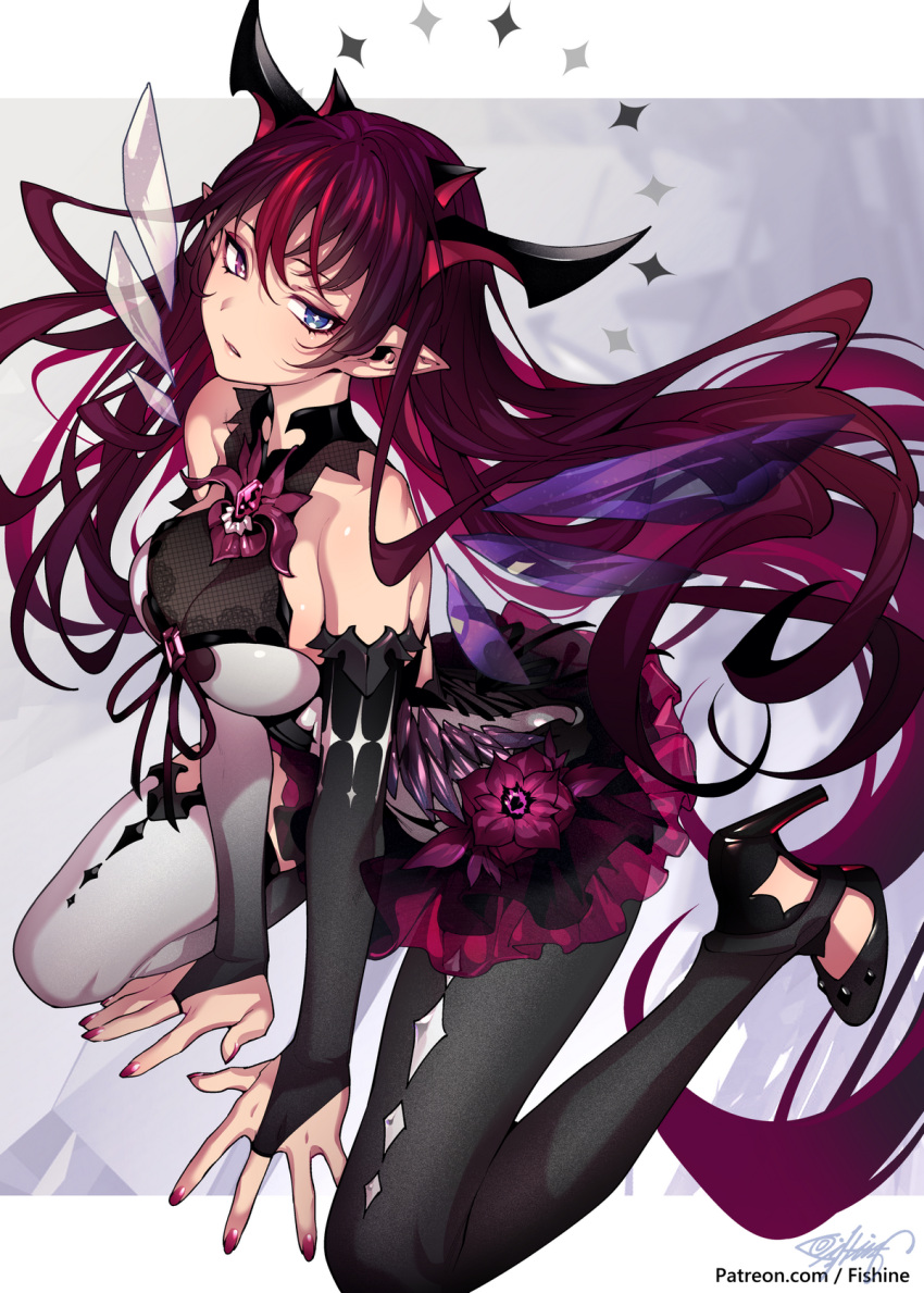 1girl asymmetrical_legwear bangs bare_shoulders between_legs black_footwear black_legwear blue_eyes breasts bridal_gauntlets commentary dress fishine hand_between_legs heterochromia high_heels highres hololive hololive_english horns irys_(hololive) large_breasts long_hair looking_at_viewer mismatched_legwear mismatched_wings nail_polish parted_lips pointy_ears red_nails redhead revision signature single_leg_pantyhose single_thighhigh sitting solo thigh-highs uneven_legwear very_long_hair violet_eyes virtual_youtuber white_dress white_legwear
