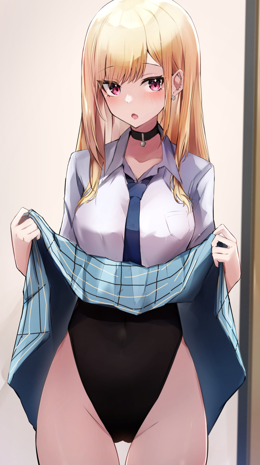 1girl absurdres black_choker blonde_hair blue_necktie blue_skirt choker clothes_lift commentary_request covered_navel ear_piercing earrings eyebrows_visible_through_hair highres jewelry kitagawa_marin leotard leotard_under_clothes lifted_by_self long_hair long_sleeves looking_at_viewer nanashinayuzu_mochi necktie open_mouth piercing pink_eyes plaid plaid_skirt school_uniform skirt skirt_lift solo sono_bisque_doll_wa_koi_wo_suru thighs
