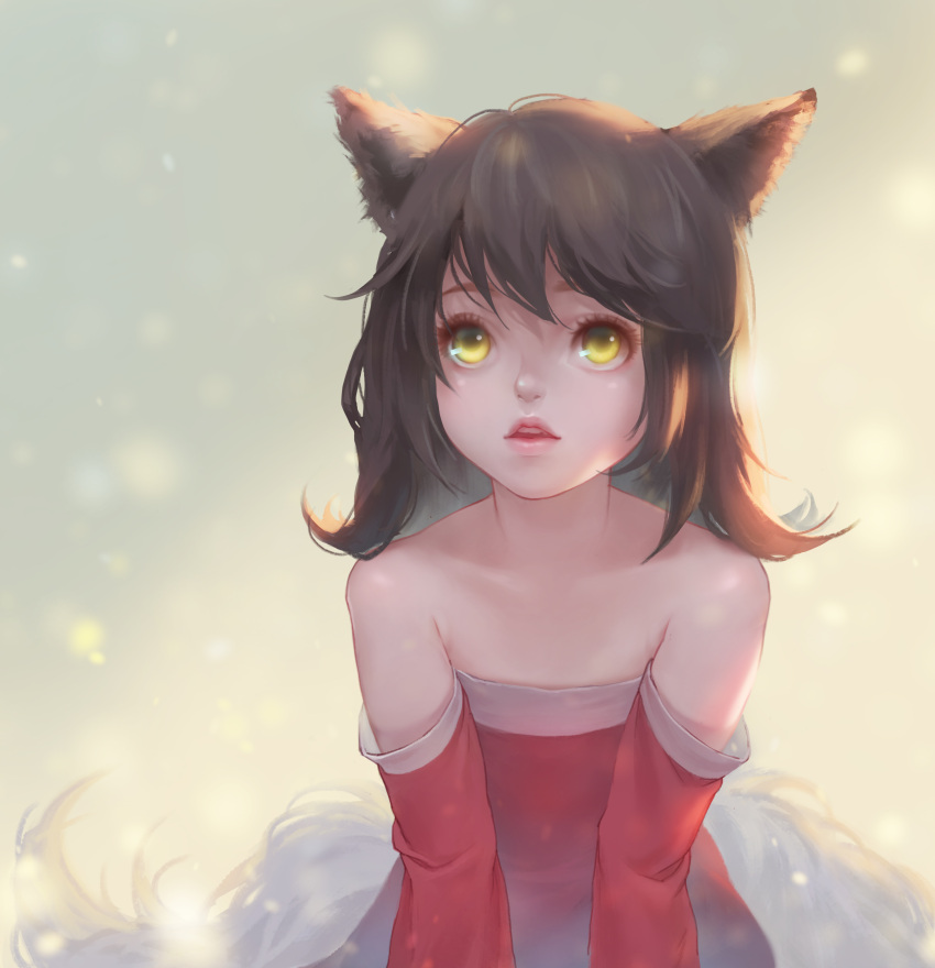 1girl absurdres ahri_(league_of_legends) animal_ears arm_support bangs bare_shoulders blurry blurry_background brown_hair child detached_sleeves eyelashes flipped_hair fox_ears fox_tail highres league_of_legends light_particles lips looking_up medium_hair off_shoulder parted_lips solo tail upper_body yellow_eyes yen-hui_chen younger