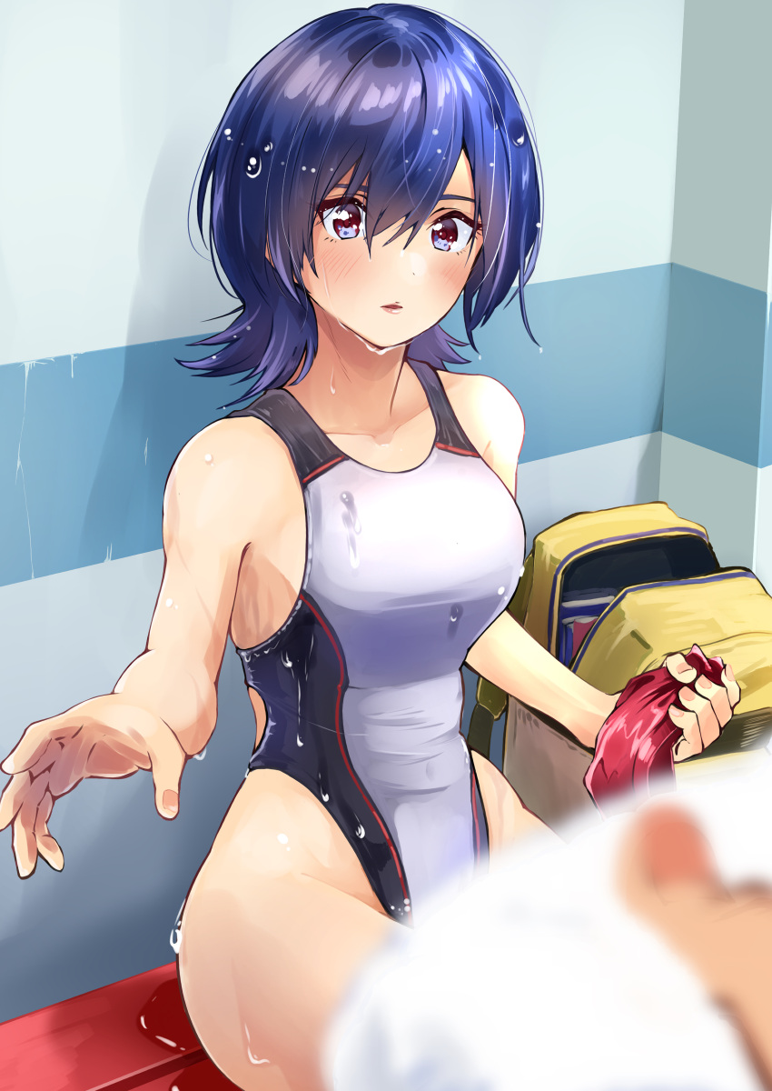 1girl 1other absurdres akane_(getwild23) bag blue_eyes blue_hair blurry commentary_request competition_swimsuit depth_of_field highleg highleg_swimsuit highres one-piece_swimsuit original red_headwear short_hair sitting solo_focus swim_cap_removed swimsuit towel wet wet_clothes wet_swimsuit white_swimsuit