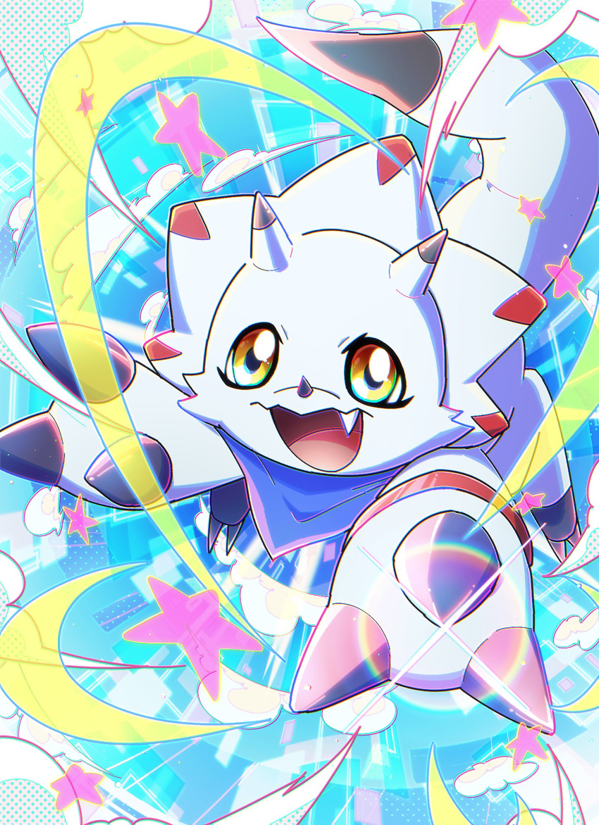 bandana blue_bandana commentary digimon digimon_(creature) digimon_ghost_game digiyuzu fang gammamon highres horns looking_at_viewer multicolored_eyes no_humans open_mouth sparkle star_(symbol) tail_raised v-shaped_eyebrows yellow_eyes