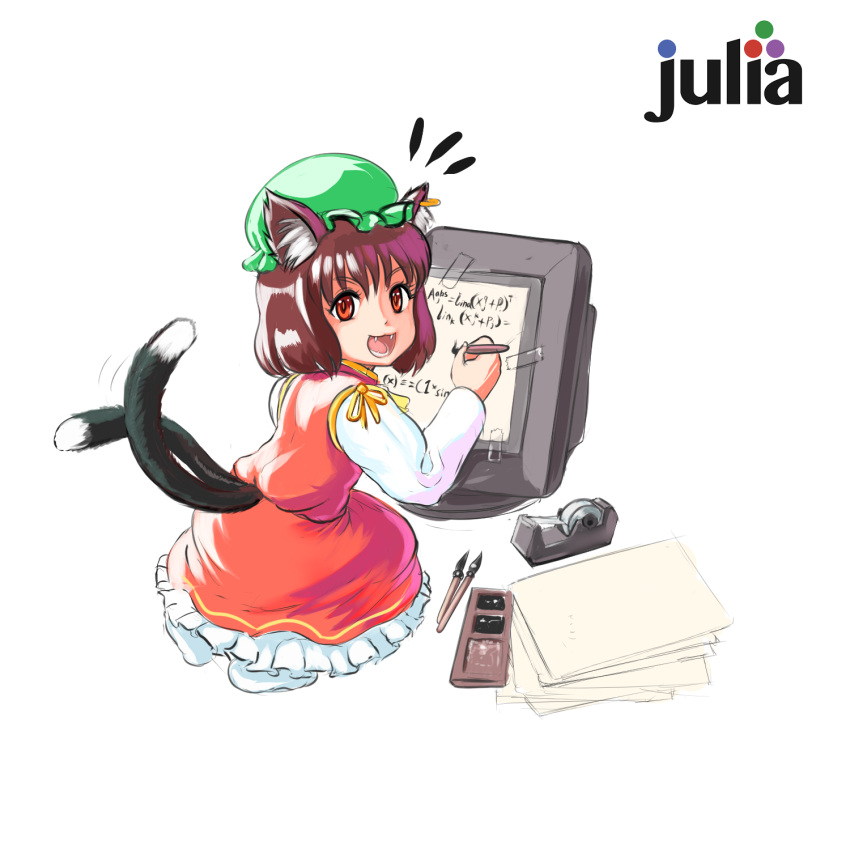 1girl :3 :d animal_ear_fluff animal_ears bangs brown_hair cat_ears cat_tail chen dress earrings eyebrows_visible_through_hair fangs full_body green_headwear hat highres holding holding_pen jewelry juliet_sleeves long_sleeves looking_at_viewer looking_back math medium_hair mob_cap multiple_tails nekomata notice_lines open_mouth pen petticoat profitshame puffy_sleeves red_dress red_eyes seiza simple_background single_earring sitting smile solo tail tongue touhou two_tails white_background writing