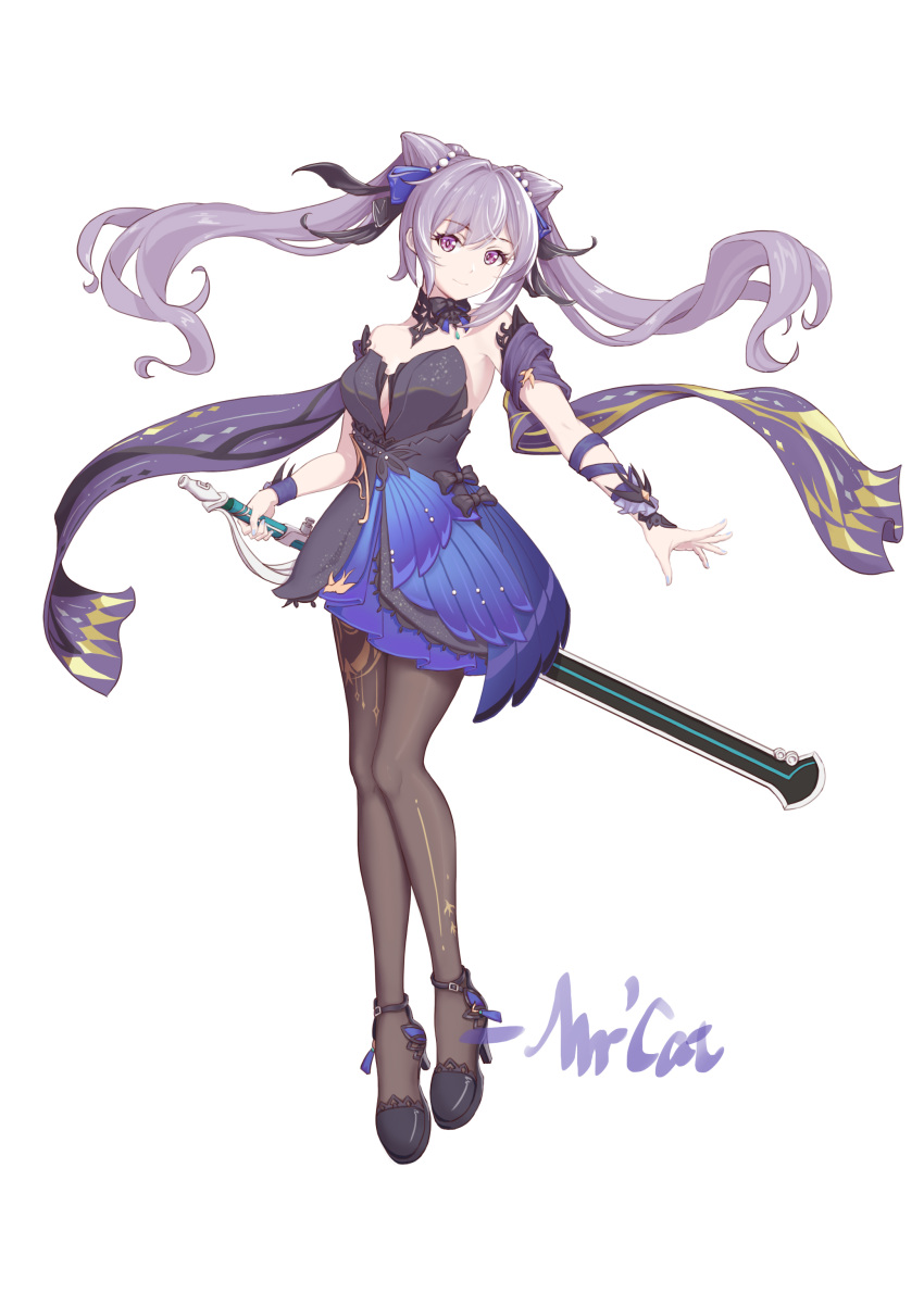 1girl absurdres arm_ribbon bangs black_legwear blue_bow bow closed_mouth eyebrows_visible_through_hair floating_hair full_body genshin_impact hair_between_eyes hair_bow hair_cones highres holding holding_sword holding_weapon keqing_(genshin_impact) long_hair looking_at_viewer pantyhose purple_hair purple_ribbon quietmrcat ribbon sash simple_background solo standing strapless sword twintails very_long_hair violet_eyes weapon white_background