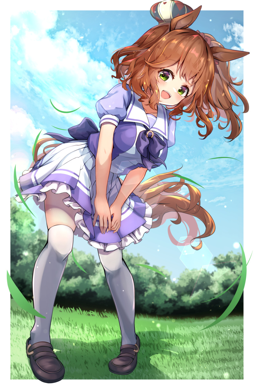 1girl animal_ears aston_machan_(umamusume) breasts clouds commentary_request crown emsan full_body grass green_eyes highres horse_ears horse_girl horse_tail large_breasts looking_at_viewer medium_hair ribbon school_uniform shoes sky solo tail thigh-highs tracen_school_uniform umamusume white_legwear