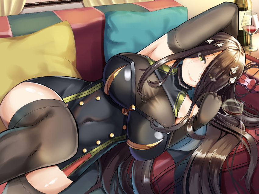 1girl armpits azur_lane black_dress black_hair breasts closed_mouth come_hither couch covered_navel cup cushion dress drinking_glass elbow_gloves eyes_visible_through_hair friedrich_der_grosse_(azur_lane) gloves highres horns huge_breasts indoors long_hair looking_at_viewer lying on_couch on_side sidelocks smile solo valfer very_long_hair wine_glass yellow_eyes