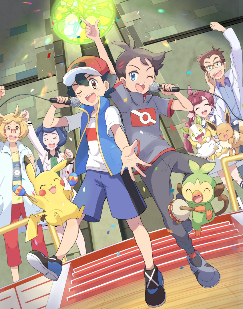 &gt;_&lt; 2girls 4boys ;d ash_ketchum black_footwear black_hair blue_jacket brown_eyes capri_pants cerise_(pokemon) character_print chloe_(pokemon) chrysa_(pokemon) commentary_request confetti eevee father_and_daughter goh_(pokemon) grookey hat highres holding holding_microphone indoors instrument jacket knees labcoat magnemite maracas mei_(maysroom) microphone multiple_boys multiple_girls music one_eye_closed open_mouth pants pikachu pokemon pokemon_(anime) pokemon_(creature) pokemon_swsh_(anime) red_headwear red_pants rei_(pokemon) shirt shoes short_hair short_sleeves shorts singing sleeveless sleeveless_jacket smile stairs standing t-shirt tambourine teeth tongue upper_teeth white_shirt yamper
