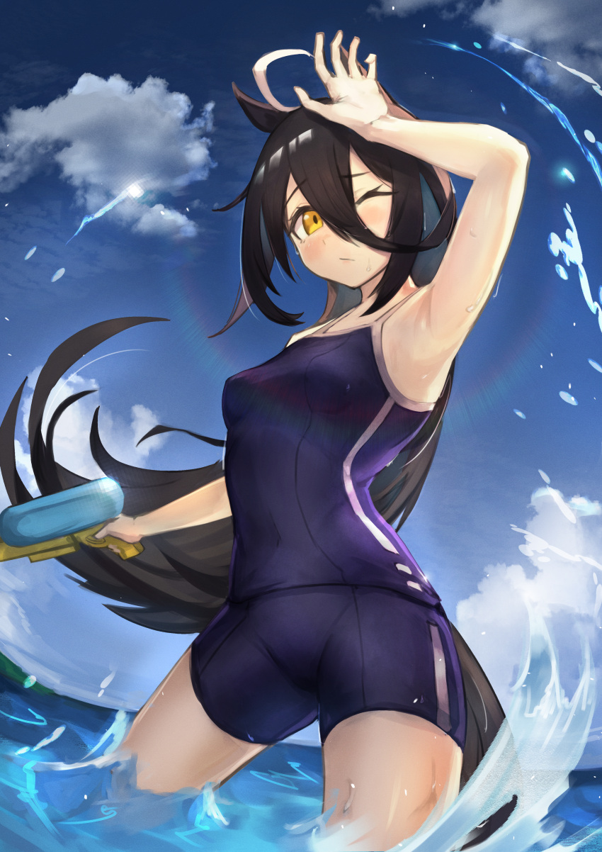 1girl absurdres ahoge animal_ears arm_up bangs black_hair blue_swimsuit blush breasts closed_mouth clouds day hair_between_eyes highres holding horse_ears horse_girl horse_tail long_hair manhattan_cafe_(umamusume) multicolored_hair one-piece_swimsuit one_eye_closed outdoors sky small_breasts solo swimsuit tail umamusume very_long_hair wading watashinabe water water_gun wet white_hair yellow_eyes