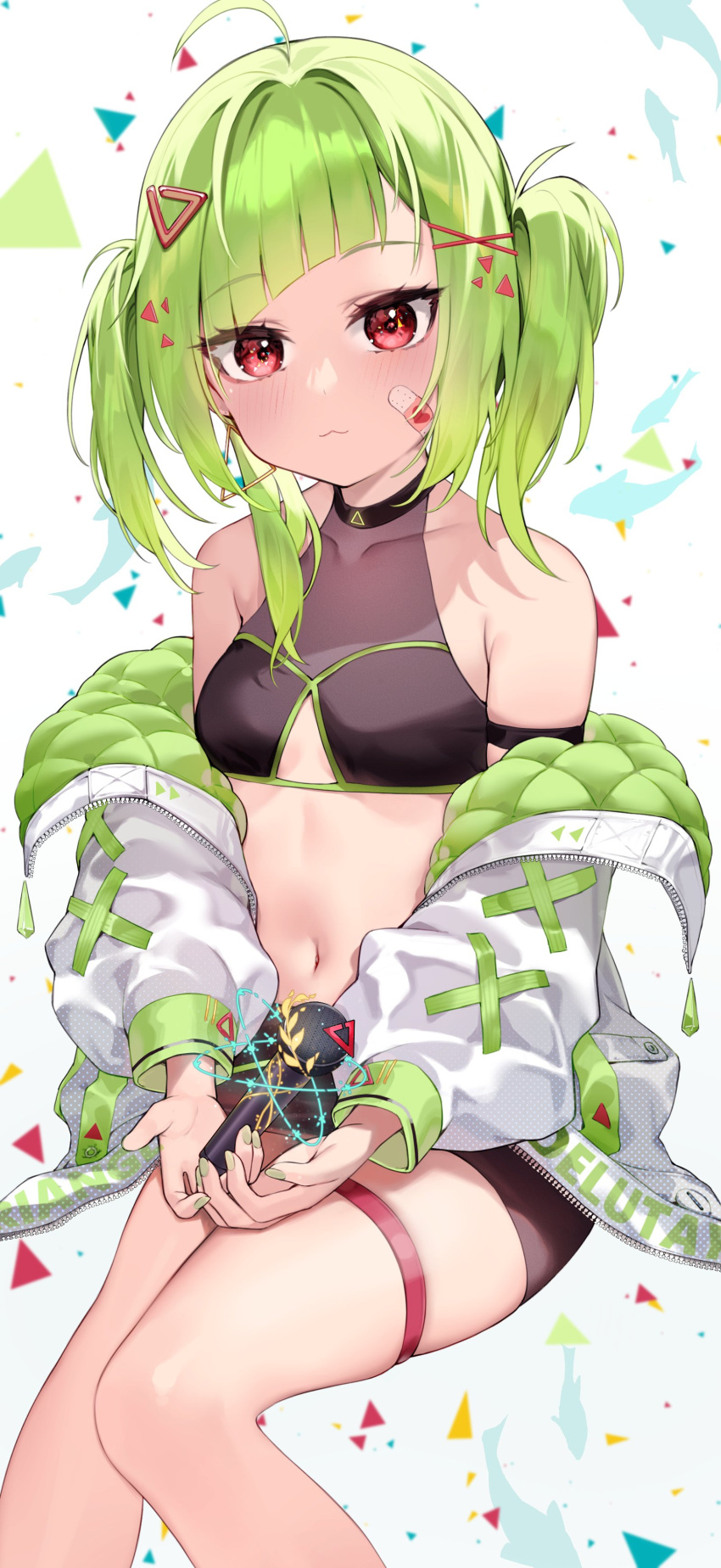 1girl :3 absurdres ahoge arm_strap bare_shoulders black_shirt black_shorts breasts clothing_cutout collarbone crop_top delruki delutaya green_hair highres hoshi_usagi jacket long_hair long_sleeves looking_at_viewer microphone midriff navel off_shoulder open_clothes open_jacket puffy_sleeves red_eyes revealing_clothes shirt short_shorts shorts sitting skindentation sleeveless sleeveless_shirt small_breasts solo stomach thigh_strap thighs twintails underboob_cutout virtual_youtuber white_jacket