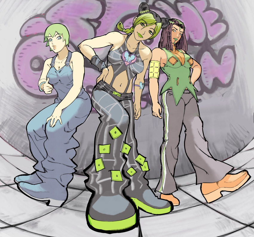 3girls armband black_hair black_pants blue_eyes braid braided_ponytail breasts double_bun ermes_costello facial_mark finger_gun fisheye foo_fighters giganticbuddha graffiti green_eyes green_hair green_lips hairlocs hand_on_hip hand_on_own_knee highres jojo_no_kimyou_na_bouken kujo_jolyne medium_breasts multiple_girls navel orange_eyes overalls pants perspective pointing pointing_at_viewer puckered_lips short_hair single_braid stone_ocean tattoo wristband