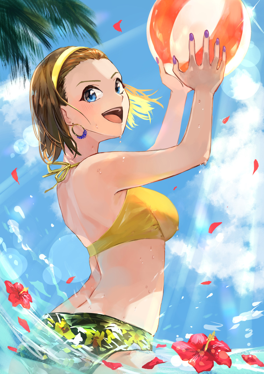 1girl :d absurdres arms_up ball bare_arms beachball bearo bikini blue_eyes blue_sky breasts brown_hair clouds day earrings flower hairband halterneck hibiscus highres jewelry medium_breasts meitantei_conan nail_polish open_mouth outdoors petals purple_nails red_flower ribbon shiny shiny_hair short_hair shoulder_blades sky smile solo summer sunlight suzuki_sonoko swimsuit wading yellow_bikini yellow_hairband yellow_ribbon