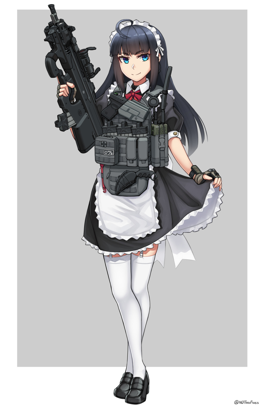 1girl absurdres apron assault_rifle bangs black_dress black_footwear black_hair blue_eyes bullpup closed_mouth commentary_request crossed_legs dress eyebrows_visible_through_hair fingerless_gloves fn_f2000 frilled_apron frills garter_straps gloves grey_background grey_gloves gun highres holding holding_gun holding_weapon loafers long_hair maid maid_headdress ndtwofives original puffy_short_sleeves puffy_sleeves rifle shoes short_sleeves smile solo thigh-highs twitter_username two-tone_background very_long_hair weapon white_apron white_background white_legwear