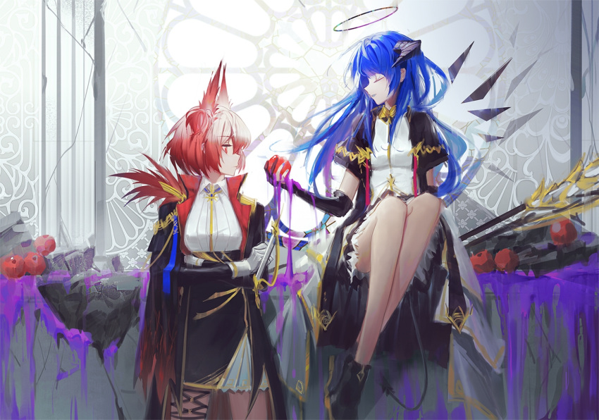 2girls alternate_costume animal_ears arknights bird_ears black_coat black_footwear black_gloves black_wings blue_hair blue_tongue closed_eyes coat colored_tongue dark_halo demon_girl demon_horns demon_tail detached_wings elbow_gloves energy_wings facing_another full_body gloves holding horns long_hair looking_at_another luren_max mostima_(arknights) multiple_girls open_clothes open_coat parted_lips red_eyes redhead shirt shoes short_hair sitting standing suffering_(arknights) tail white_gloves white_shirt wings yuri