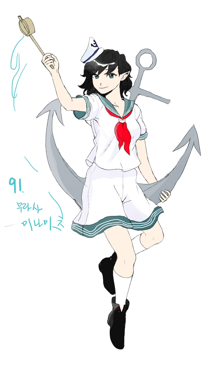 1girl absurdres anchor anchor_symbol black_hair boots breasts closed_mouth commentary_request derivative_work full_body green_eyes green_sailor_collar hat highres hishaku holding korean_commentary kuya_(hey36253625) mini_hat murasa_minamitsu neckerchief pointy_ears red_neckerchief sailor sailor_collar sailor_hat sailor_shirt shirt short_sleeves shorts simple_background small_breasts smile touhou translation_request undefined_fantastic_object white_background white_legwear white_shirt