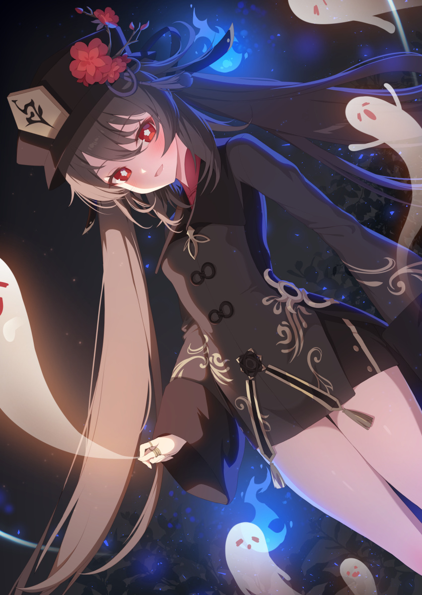 1girl :d absurdres bangs black_headwear black_shorts blue_fire brown_hair brown_jacket commentary dutch_angle eyebrows_visible_through_hair fire flower flower-shaped_pupils genshin_impact ghost hair_between_eyes hat hat_flower highres hu_tao_(genshin_impact) ia_(ias1010) jacket jewelry long_hair long_sleeves looking_at_viewer night outdoors red_eyes red_flower red_shirt ring shirt short_shorts shorts sleeves_past_wrists smile solo symbol-shaped_pupils twintails very_long_hair wide_sleeves