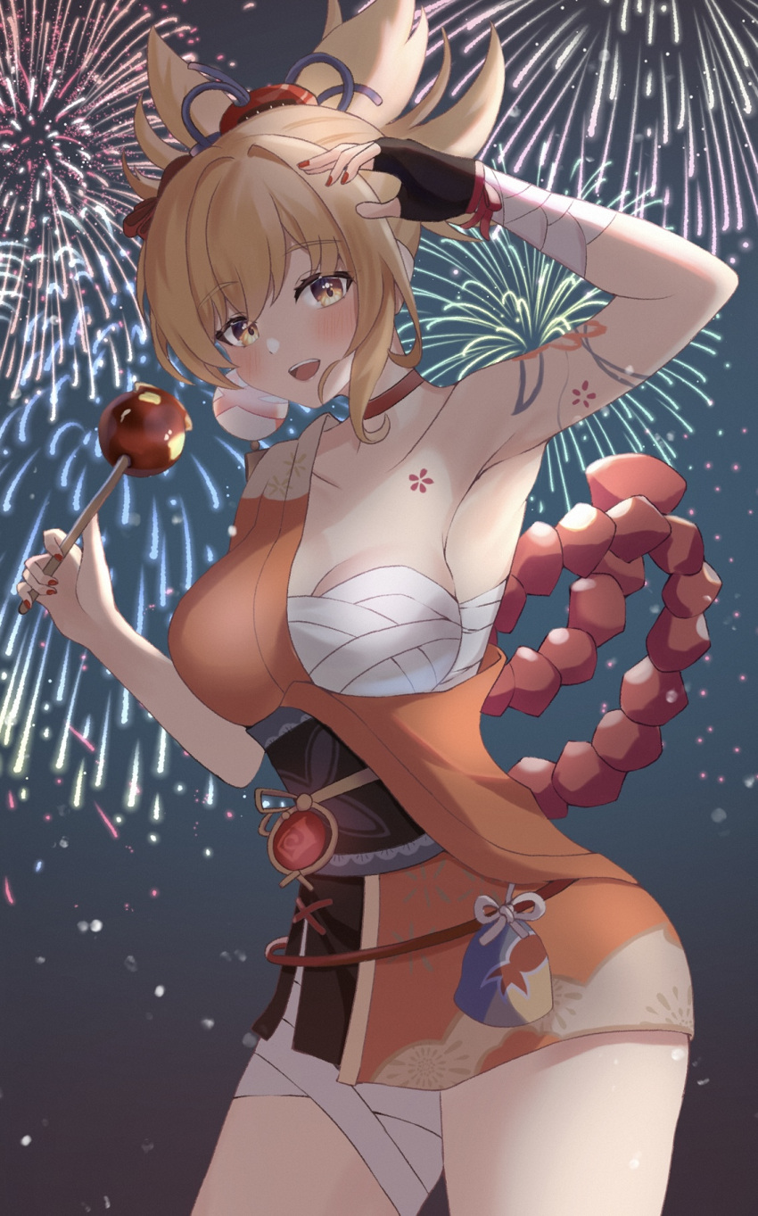 1girl arm_tattoo arm_up armpits black_gloves blonde_hair blush breasts candy_apple chest_tattoo choker commentary_request eyebrows_visible_through_hair fingerless_gloves fireworks food genshin_impact gloves hair_ornament hand_up highres holding holding_food japanese_clothes kimono medium_breasts open_mouth orange_eyes orange_kimono ponytail red_choker red_nails shibari short_kimono single_bare_shoulder single_fingerless_glove smile solo soukoku tattoo teeth upper_teeth vision_(genshin_impact) yoimiya_(genshin_impact)