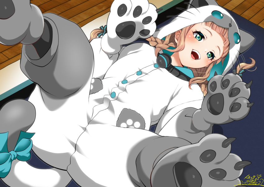 1girl animal_ears animal_hands animal_hood bangs blonde_hair blue_eyes blunt_bangs blush braid buttons character_request claws commentary_request copyright_request dated dot_nose gloves green_eyes hood long_hair looking_to_the_side lying on_back on_floor onesie open_mouth paw_gloves pocket solo tail tokimachi_eisei twintails wooden_floor