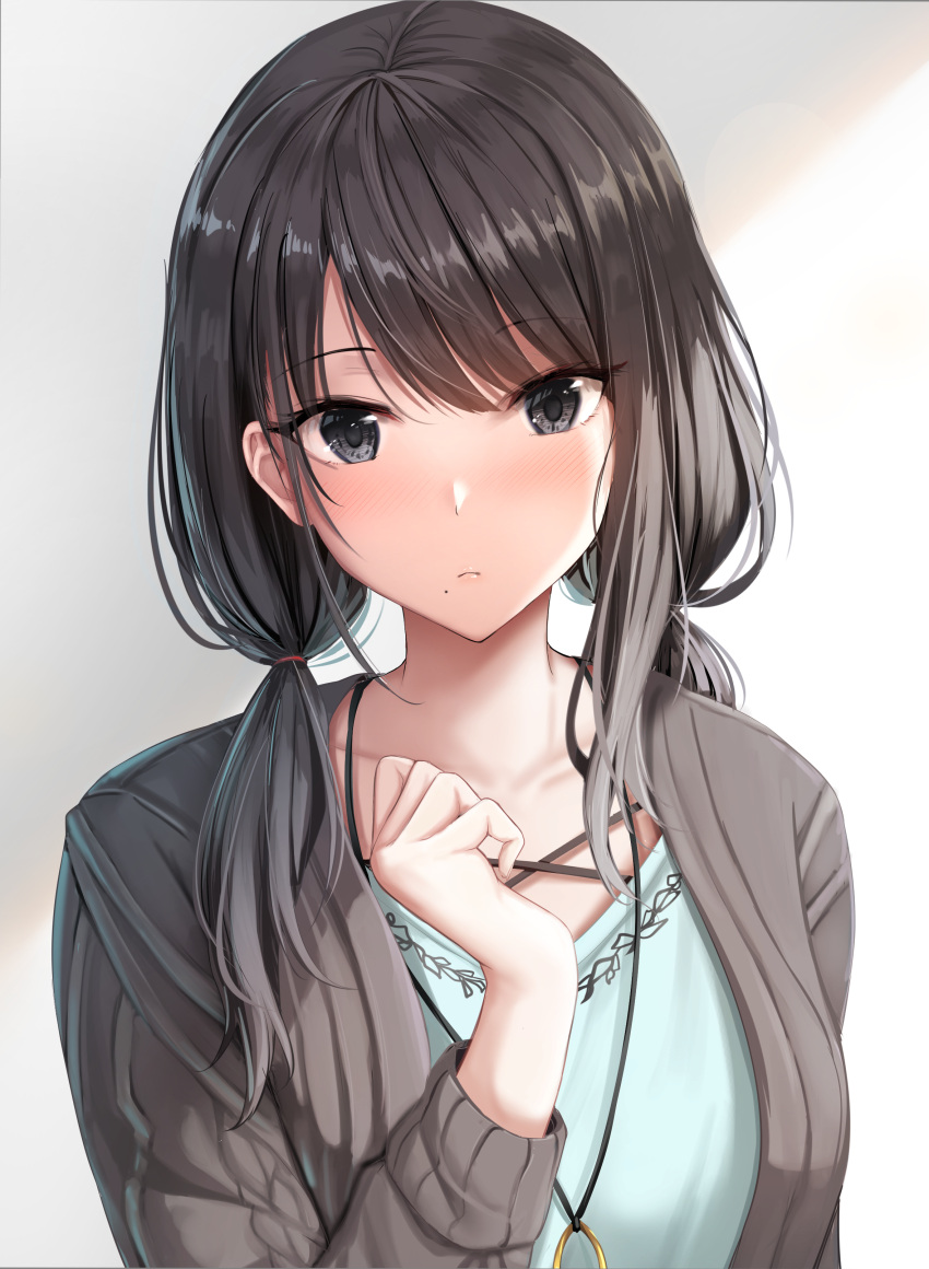 1girl absurdres argyle argyle_sweater black_hair blush collarbone expressionless highres idolmaster idolmaster_shiny_colors jacket jewelry kazano_hiori looking_at_viewer mole mole_under_mouth necklace nicoby simple_background solo sweater sweater_jacket tied_hair twintails upper_body white_background