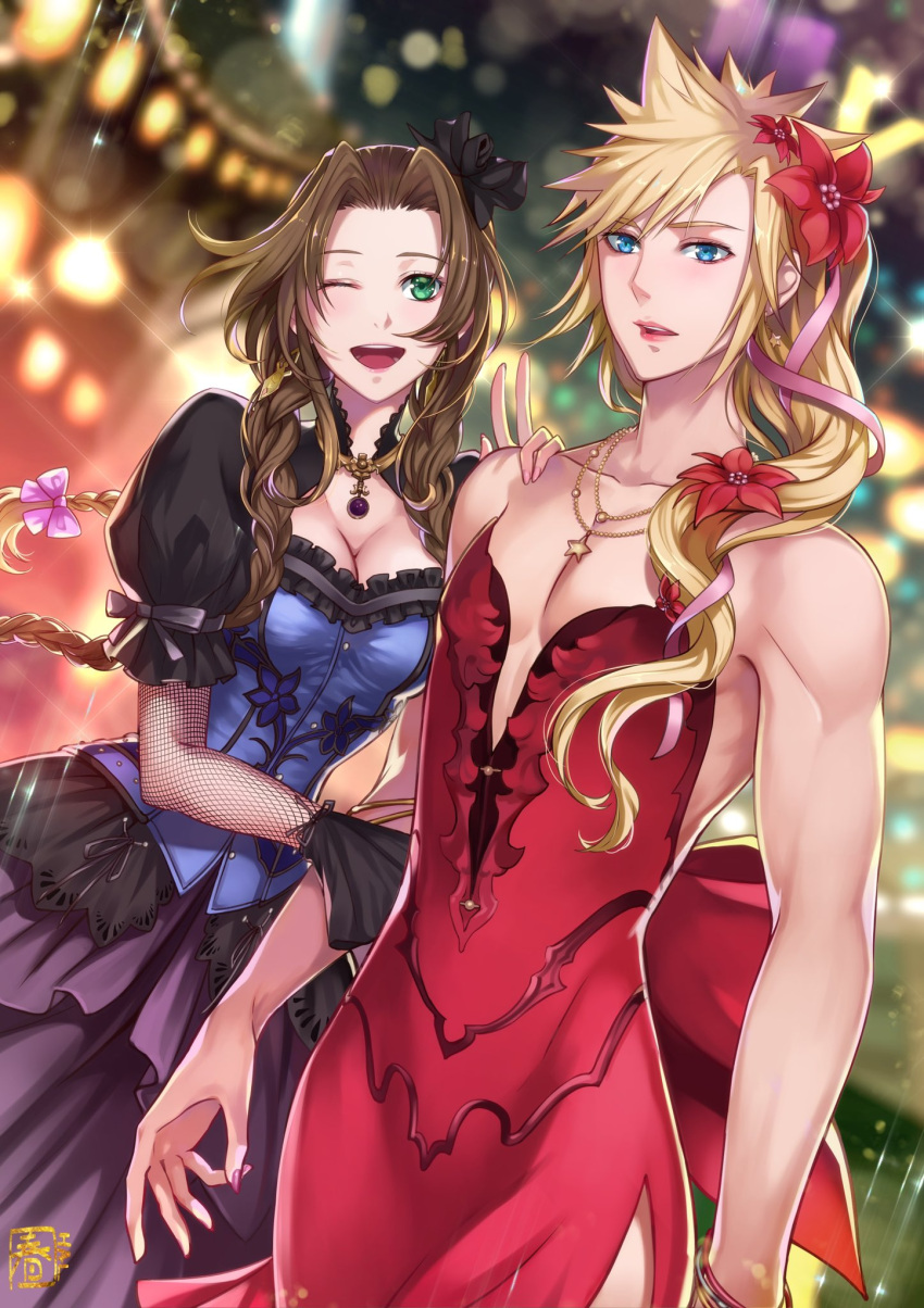 1boy 1girl aerith_gainsborough bare_arms blonde_hair blue_dress blue_eyes bow braid breasts brown_hair cleavage cloud_strife collarbone cosplay costume_switch crossdressing dress final_fantasy final_fantasy_vii final_fantasy_vii_remake fingernails fishnets flower green_eyes hair_flower hair_ornament halu-ca jewelry lipstick makeup muscular muscular_male necklace one_eye_closed open_mouth red_dress spiky_hair square_enix twin_braids v wall_market wavy_hair wink