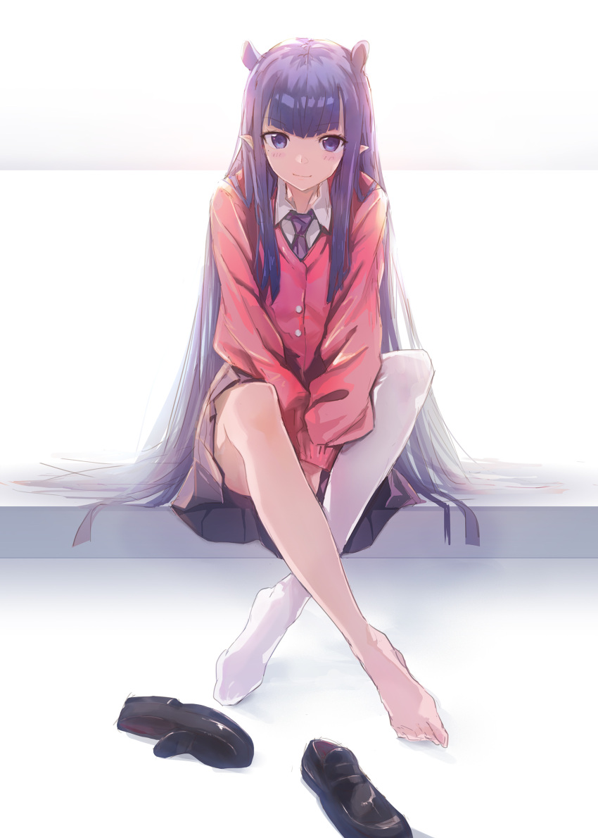 1girl absurdres animal_ears bare_legs barefoot black_footwear blonde_hair blush cardigan closed_mouth crossed_ankles full_body highres hololive hololive_english long_hair looking_at_viewer multicolored_hair necktie ninomae_ina'nis no_shoes pink_cardigan pointy_ears purple_hair purple_necktie shoes shoes_removed single_leg_pantyhose sitting solo streaked_hair tallgeese_(lgeesel) v_arms very_long_hair violet_eyes virtual_youtuber white_hair white_legwear