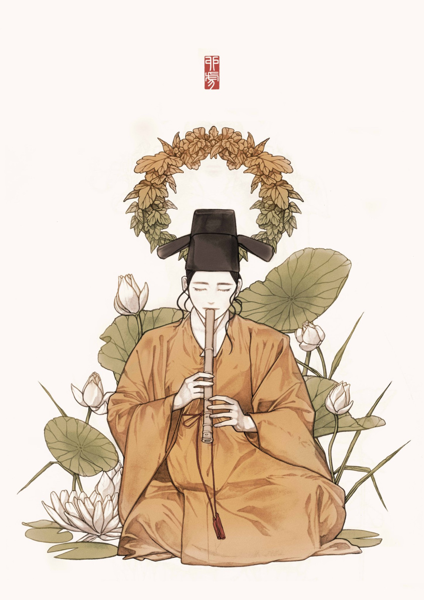 1boy black_hair black_headwear closed_eyes facing_viewer floral_background flower flute hanbok hat highres ho_tokki indian_style instrument korean_clothes korean_commentary leaf long_sleeves male_focus music orange_robe original playing_instrument robe sitting solo tassel white_background white_flower wide_sleeves wreath