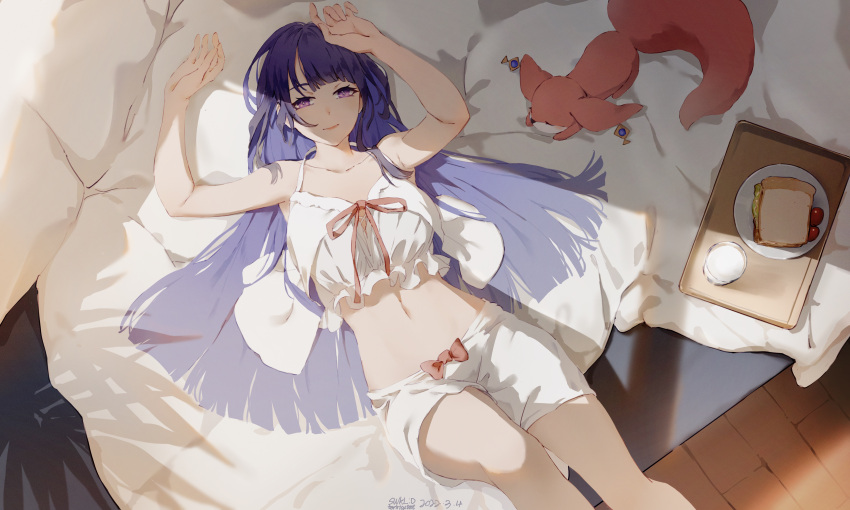 1girl absurdres artist_name bangs bare_legs bare_shoulders bed bow breasts closed_mouth collarbone cup eyebrows feet_out_of_frame food fox genshin_impact highres large_breasts long_hair looking_at_viewer lying milk navel nightgown on_back plate purple_hair raiden_shogun red_bow red_ribbon ribbon sandwich signature smile swkl:d violet_eyes