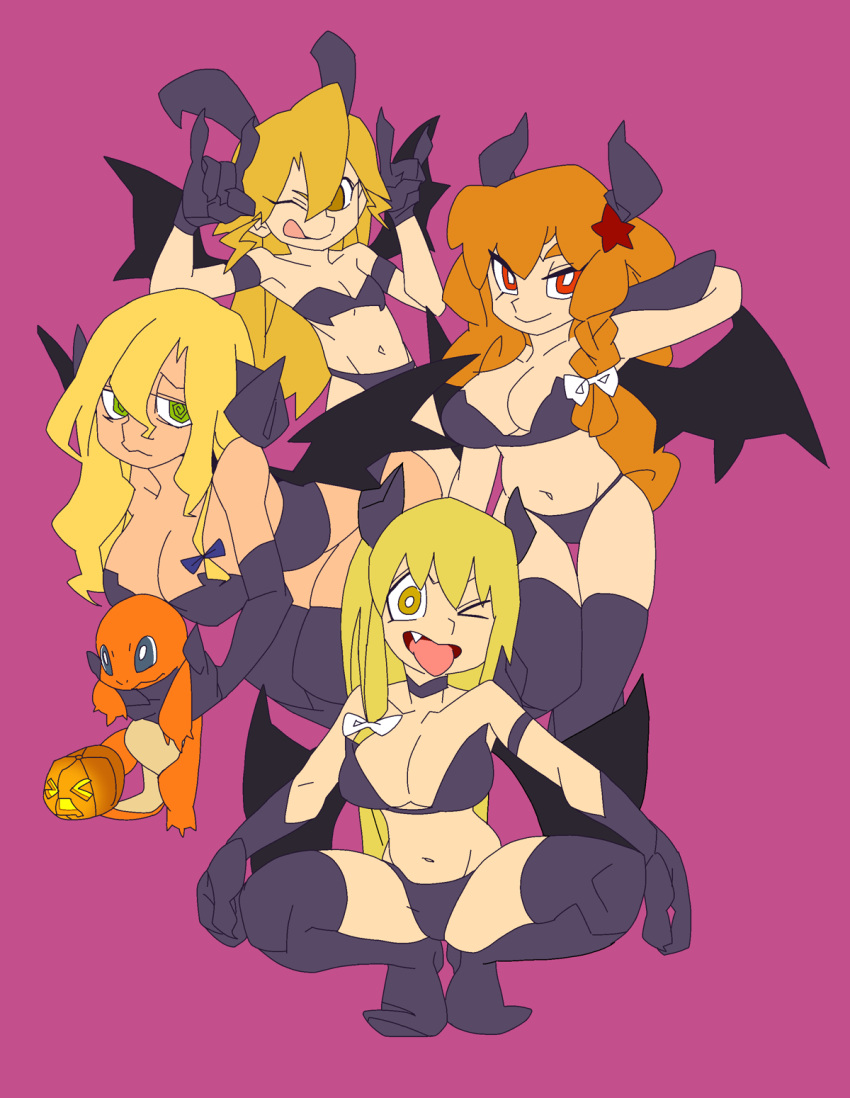 &gt;_&lt; 4girls :q \m/ alternate_costume animated animated_png azusa_(cookie) bandeau bangs black_bra black_legwear black_panties blinking blonde_hair blue_bow bow bra braid breasts bright_pupils brown_eyes charmander closed_mouth commentary cookie_(touhou) curled_horns demon_girl demon_horns demon_wings falling fang flame-tipped_tail flying full_body green_eyes hair_between_eyes hair_bow highres horns jack-o'-lantern kirisame_marisa kujira_video large_breasts long_hair looking_at_viewer mars_(cookie) multiple_girls one_eye_closed open_mouth orange_hair panties pokemon pokemon_(creature) pumpkin red_eyes red_star rei_(cookie) scotch_(cookie)_(style) side_braid simple_background single_braid small_breasts smile spinning squatting star_(symbol) thigh-highs tongue tongue_out touhou underwear uzuki_(cookie) white_bow white_pupils wings winking_(animated) yellow_eyes