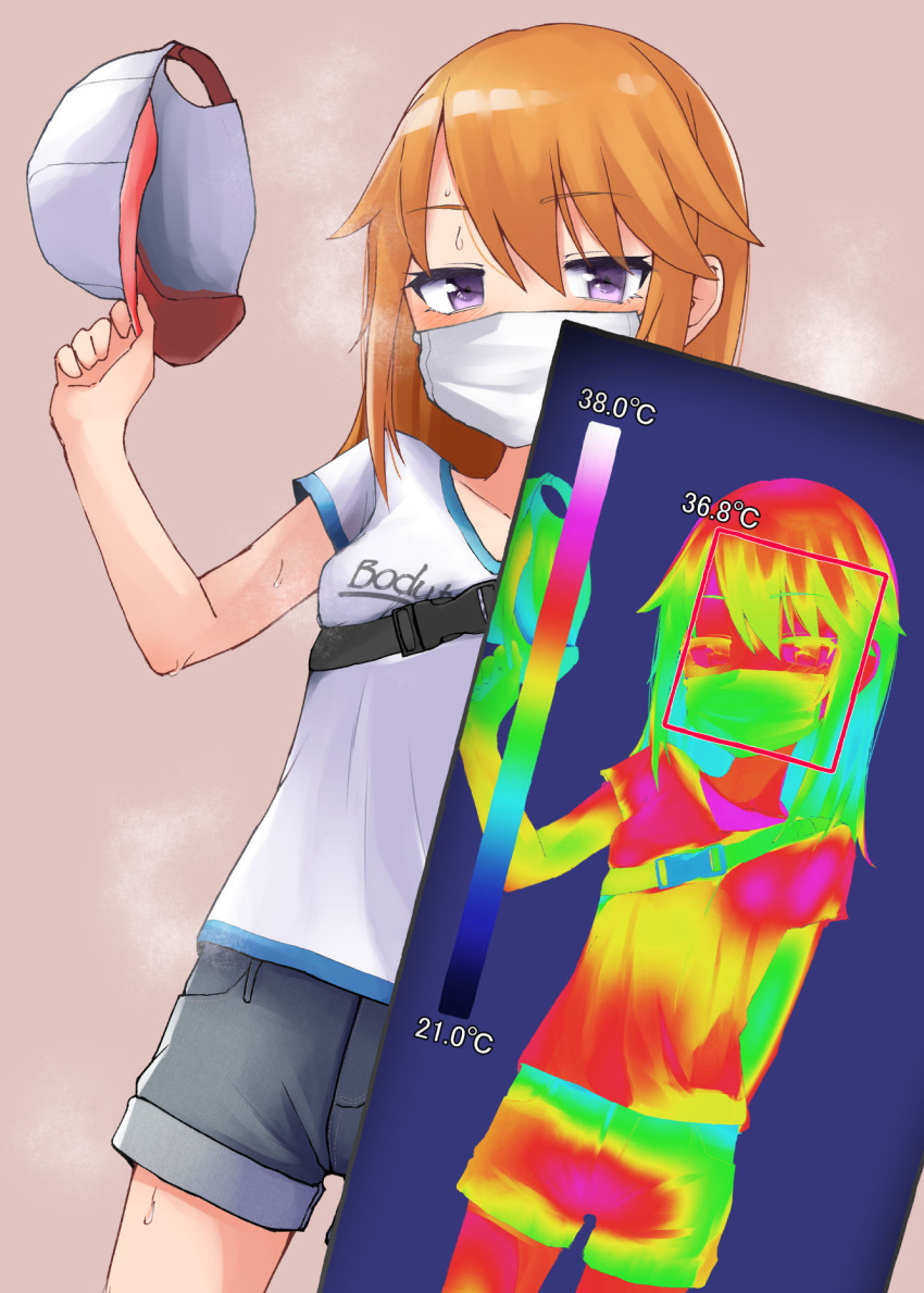 1girl aketa_chika baseball_cap breasts hat hat_removed headwear_removed highres holding holding_clothes holding_hat idolmaster idolmaster_cinderella_girls infrared long_hair mask mouth_mask orange_hair short_shorts shorts simple_background small_breasts solo surgical_mask sweat violet_eyes yuuki_haru