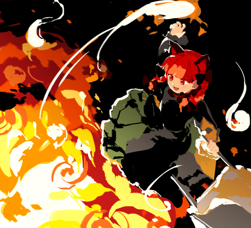 1girl animal_ears black_background black_bow bow braid cat_ears darkness dress explosion extra_ears fire ghost glowing green_dress hand_up highres hitodama kaenbyou_rin kaigen_1025 molten_rock open_mouth red_eyes redhead shiny slit_pupils smile solo sparks touhou twin_braids wheelbarrow