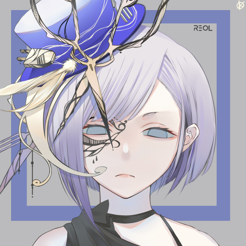 1girl bare_shoulders black_choker blue_eyes blue_headwear blue_sclera border character_name choker closed_mouth colored_sclera dripping electric_plug face facial_mark feathers frown grey_hair hat hat_feather highres multicolored_hair niconico pink_lips purple_hair reol scissors scissors_hair_ornament short_eyebrows short_hair solo streaked_hair upper_body w4pz
