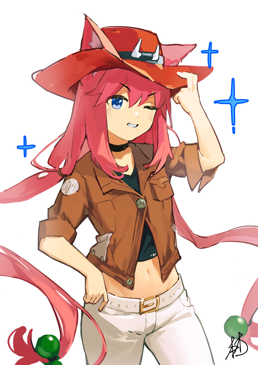 1girl absurdres belt_buckle black_choker black_shirt blue_eyes brown_jacket buckle chinese_commentary choker commentary_request cowboy_hat crop_top ears_through_headwear hand_on_headwear hand_on_hip hand_up hat highres hinata_channel jacket linpiu long_hair looking_at_viewer low-tied_long_hair midriff navel nekomiya_hinata one_eye_closed pants parted_lips pink_hair shirt simple_background sleeves_rolled_up smile solo twintails virtual_youtuber white_background white_pants