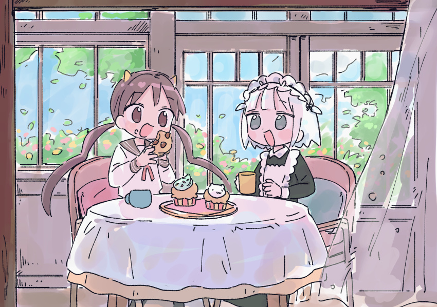 1nupool 2girls :d brown_eyes brown_hair chair commentary cup eating food highres holding holding_food horns indoors long_hair maid maid_headdress muffin mug multiple_girls original school_uniform serafuku short_hair sitting smile table twintails white_hair window