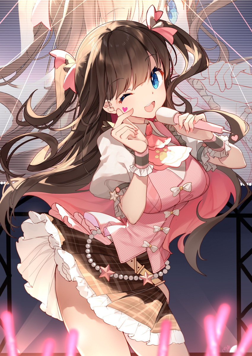 1girl :d agari_raburi bangs bison_cangshu blue_eyes blurry blurry_foreground bow breasts brown_hair brown_skirt clothes_lift collared_shirt cowboy_shot eyebrows_visible_through_hair frilled_skirt frills hair_ribbon heart highres holding holding_microphone idol large_breasts long_hair looking_at_viewer microphone miniskirt nail_polish one_eye_closed open_mouth pink_nails pink_ribbon pink_scarf plaid plaid_skirt pleated_skirt project-sp ribbon scarf shirt short_sleeves skirt skirt_lift smile solo standing sticker swept_bangs tied_hair twintails very_long_hair virtual_youtuber white_bow