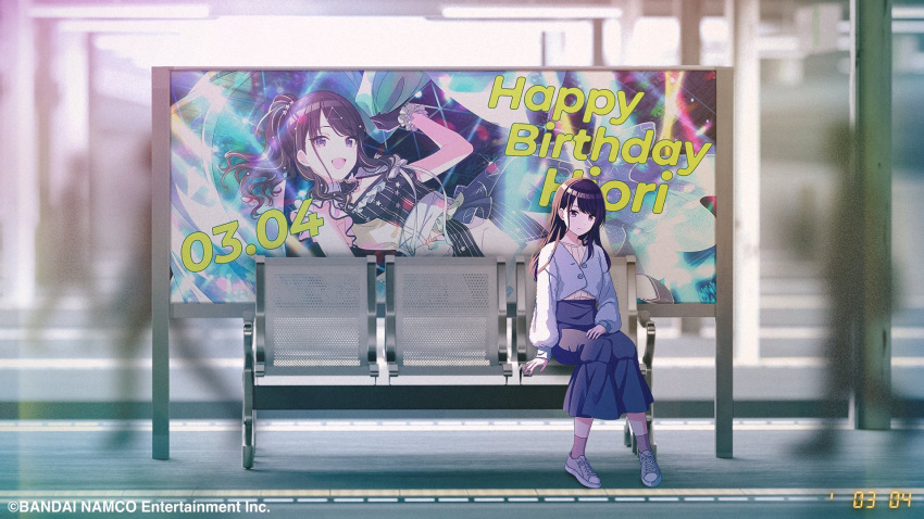 1girl ad black_hair blurry blurry_background dated full_body happy_birthday highres idol idolmaster idolmaster_shiny_colors kazano_hiori looking_at_viewer official_art outdoors seat sitting solo_focus train_station