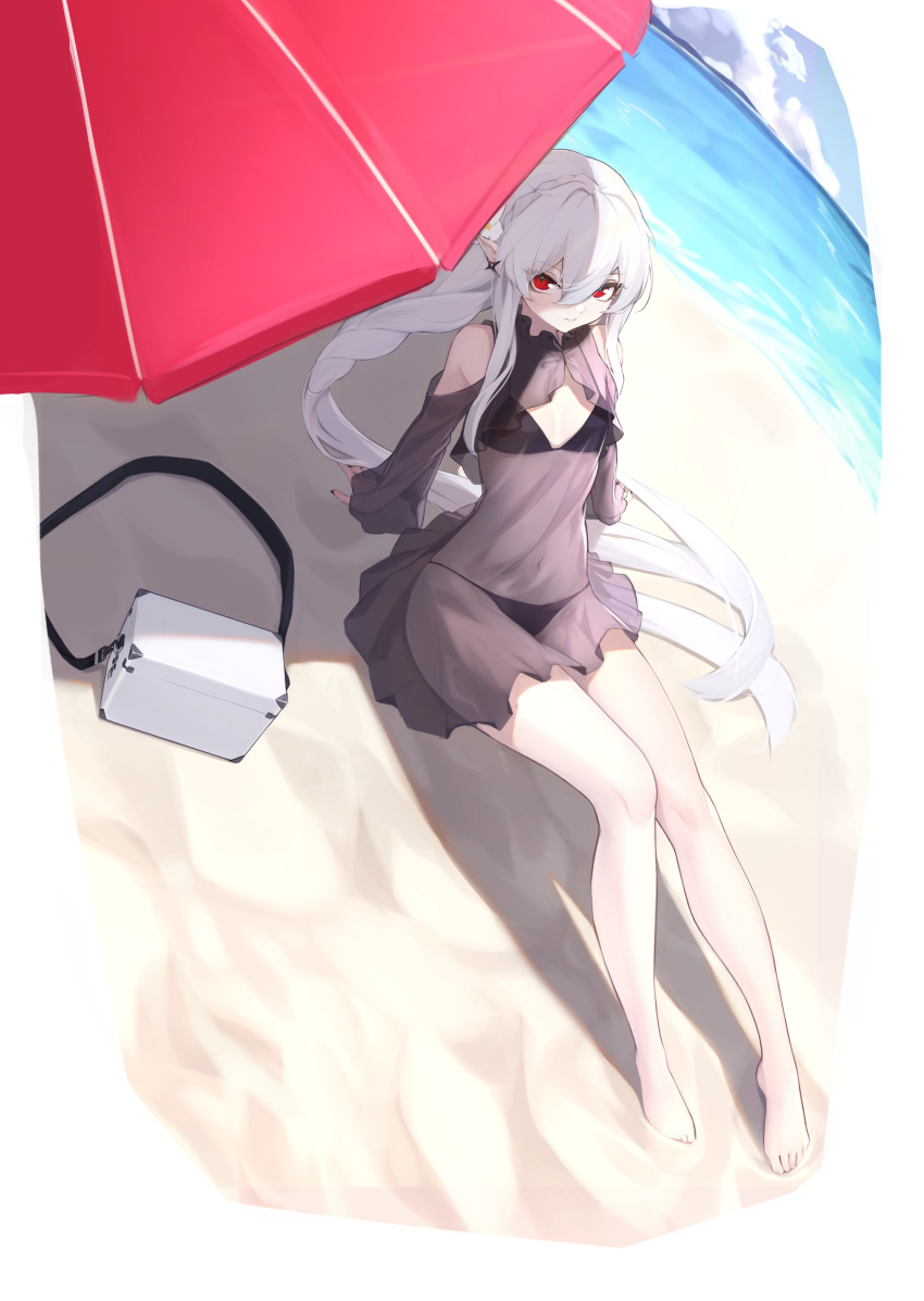 1girl absurdres arknights bangs beach beach_umbrella bikini black_bikini braid closed_mouth crown_braid day flat_chest hair_between_eyes highres long_hair looking_at_viewer mari0ball ocean official_alternate_costume outdoors pale_skin pointy_ears red_eyes red_umbrella sand see-through_shirt sitting smile solo swimsuit swimsuit_cover-up umbrella warfarin_(arknights) warfarin_(casual_vacation)_(arknights) white_hair