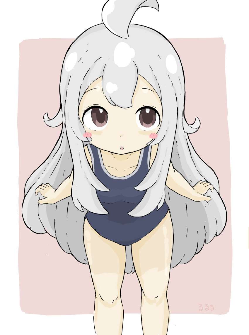1girl :o absurdres ahoge bad_id bad_pixiv_id bare_arms bare_shoulders black_one-piece_swimsuit blush_stickers breasts brown_background brown_eyes collarbone commentary_request feet_out_of_frame genderswap genderswap_(mtf) grey_hair highres leaning_forward long_hair one-piece_swimsuit onii-chan_wa_oshimai! oyama_mahiro parted_lips rururu_(pyrk8855) school_swimsuit small_breasts solo standing swimsuit two-tone_background very_long_hair white_background