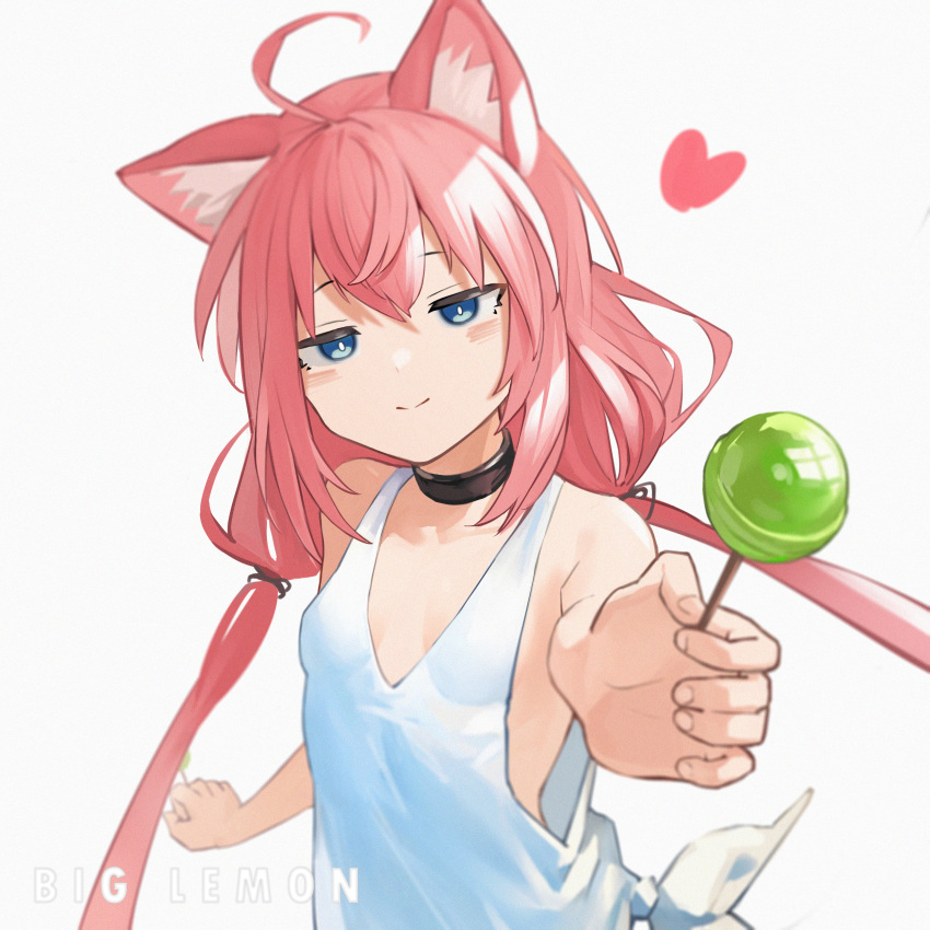 1girl absurdres ahoge animal_ear_fluff animal_ears artist_name bare_arms black_choker blue_eyes blush breasts candy cat_ears chinese_commentary choker closed_mouth commentary_request food heart highres hinata_channel incoming_food linpiu lollipop long_hair looking_at_viewer nekomiya_hinata pink_hair reaching_out simple_background small_breasts smile solo tank_top twintails upper_body virtual_youtuber white_background white_tank_top