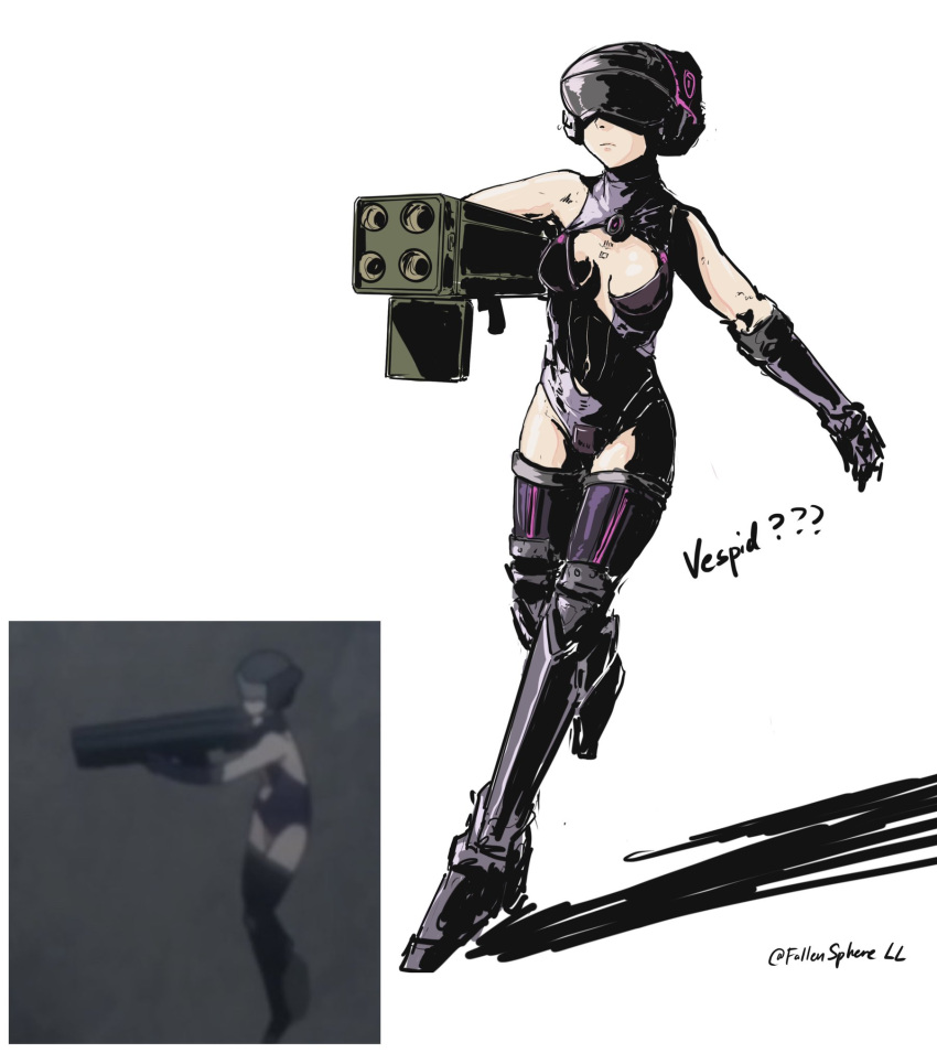 1girl character_name clothing_cutout cursed_m4a1 english_commentary fallenspherell girls_frontline helmet highres holding holding_rocket_launcher holding_weapon m202 reference_inset rocket_launcher shadow shirt simple_background sketch sleeveless sleeveless_shirt solo twitter_username vespid_(girls'_frontline) weapon white_background