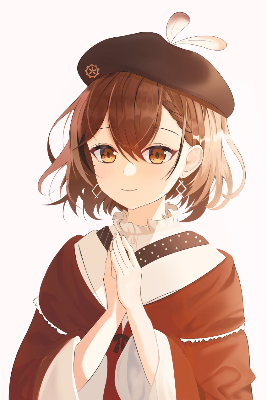 1girl absurdres bangs beret braid brown_eyes brown_hair earrings feathers hat highres hololive hololive_english japanese_clothes jewelry kimono looking_at_viewer lussahyoxeyy1ov nanashi_mumei official_alternate_costume own_hands_together red_shawl ribbon short_hair smile solo virtual_youtuber white_kimono wide_sleeves