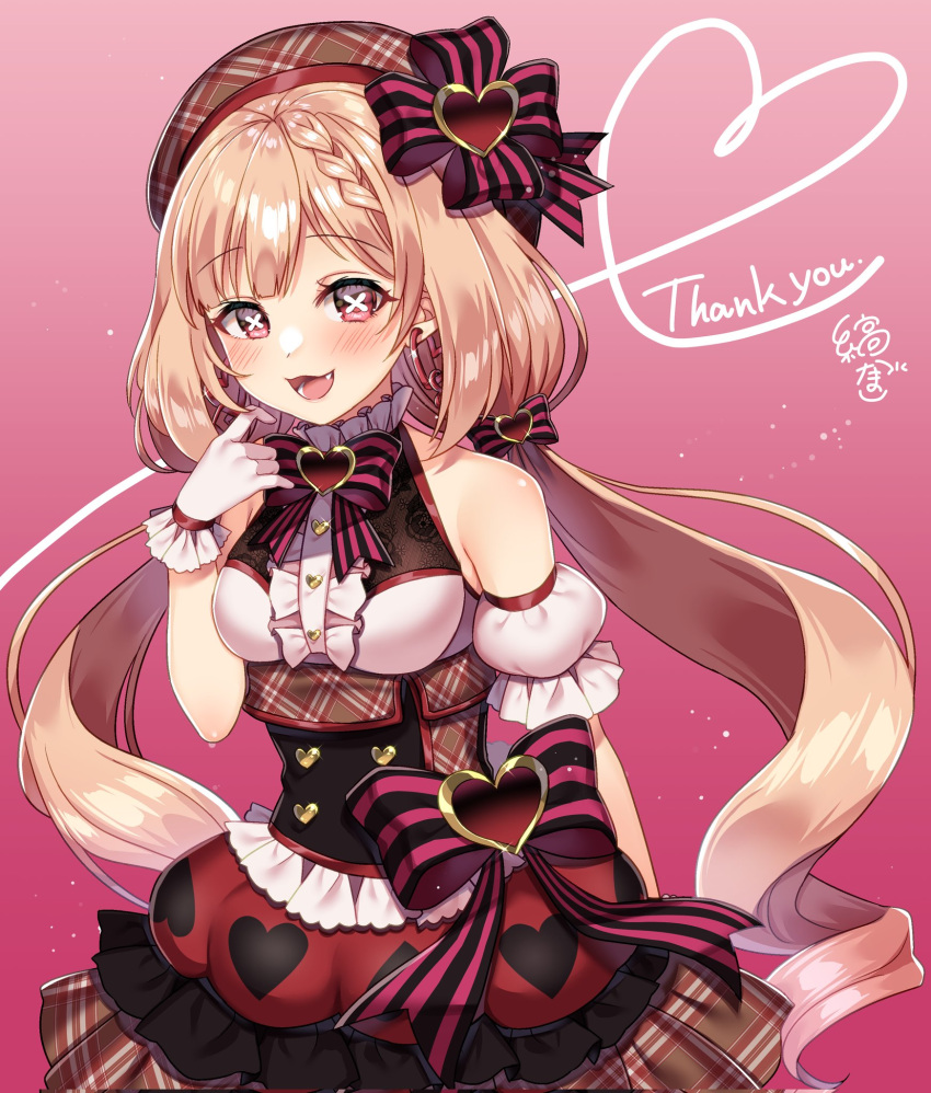 1girl aise_yuria blonde_hair blush bow breasts commission detached_sleeves dress earrings fangs hair_tie hat hat_bow highres iriam jewelry long_hair looking_at_viewer md5_mismatch pale_skin pink_eyes resolution_mismatch shimatamago skeb_commission solo source_smaller twintails vampire virtual_youtuber