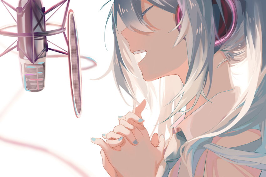 1girl :d blue_nails blue_necktie closed_eyes collared_shirt from_side hair_over_shoulder hatsune_miku headphones long_hair microphone nail_polish necktie own_hands_clasped own_hands_together shiny shiny_hair shirt silver_hair sleeveless sleeveless_shirt smile solo twintails upper_body vocaloid white_background white_shirt wing_collar yoruake