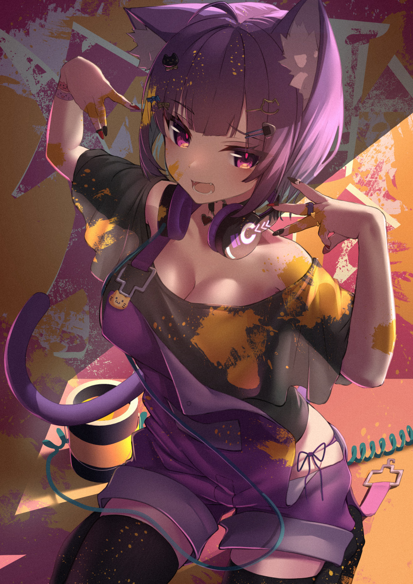 1girl absurdres ahoge animal_ear_fluff animal_ears black_legwear black_nails breasts cat_ears cat_girl cat_hair_ornament cat_tail cowboy_shot eyebrows_visible_through_hair fangs fingernails food-themed_hair_ornament hair_ornament headphones headphones_around_neck highres hololive inaba_teitoku jewelry large_breasts nail_polish nekomata_okayu onigiri_hair_ornament paint paint_can paint_on_body paint_on_clothes paint_on_fingers paint_splatter paint_splatter_on_face purple_hair red_nails ring sharp_fingernails short_hair shorts solo tail thigh-highs violet_eyes virtual_youtuber wristband