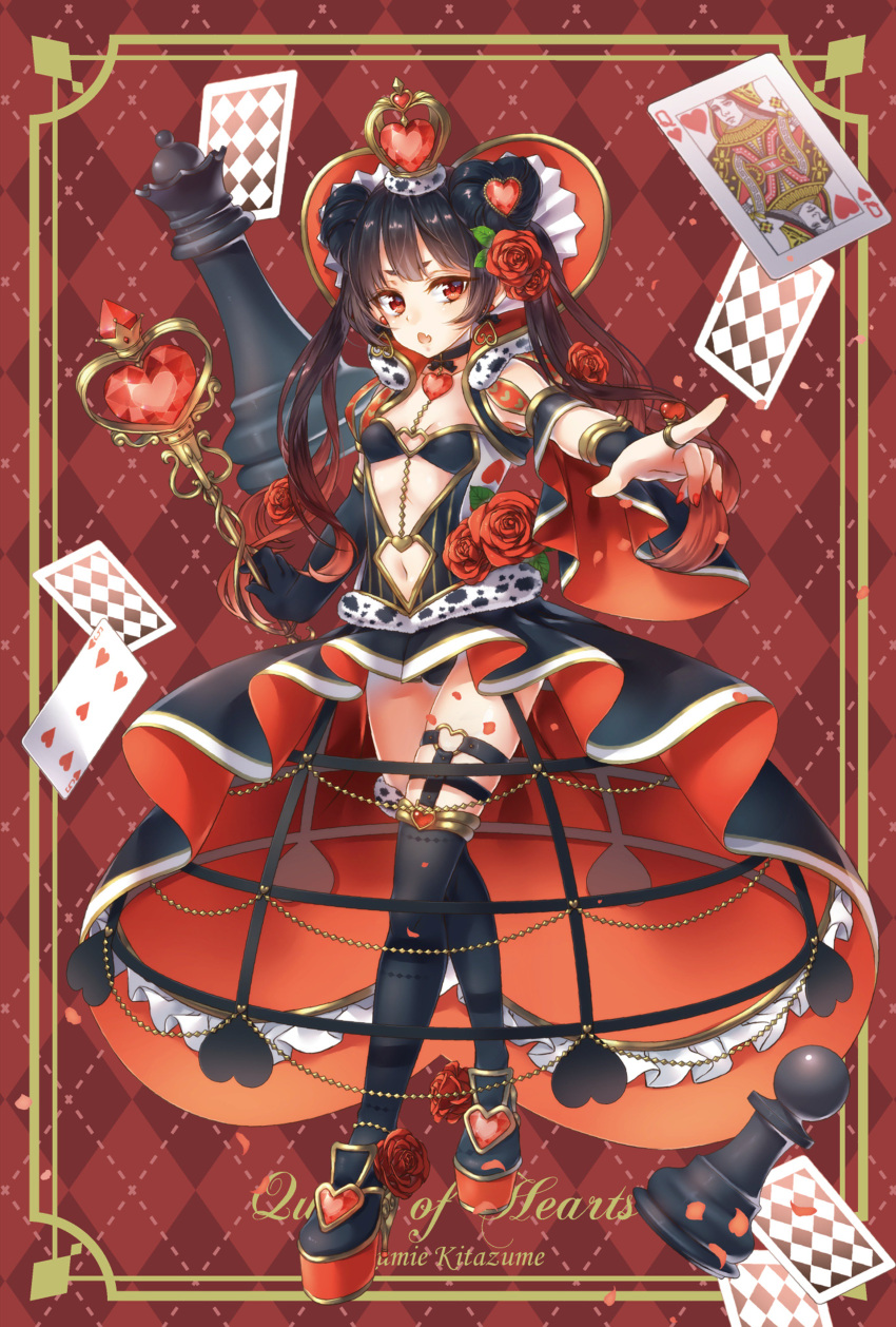 1girl absurdres alice_in_wonderland black_hair blush card chess_piece crown double_bun dress garter_straps heart highres jewelry kitazume_kumie long_hair looking_at_viewer looking_to_the_side original pale_skin playing_card pointing queen queen_of_hearts_(alice_in_wonderland) revealing_clothes ring thigh-highs twintails