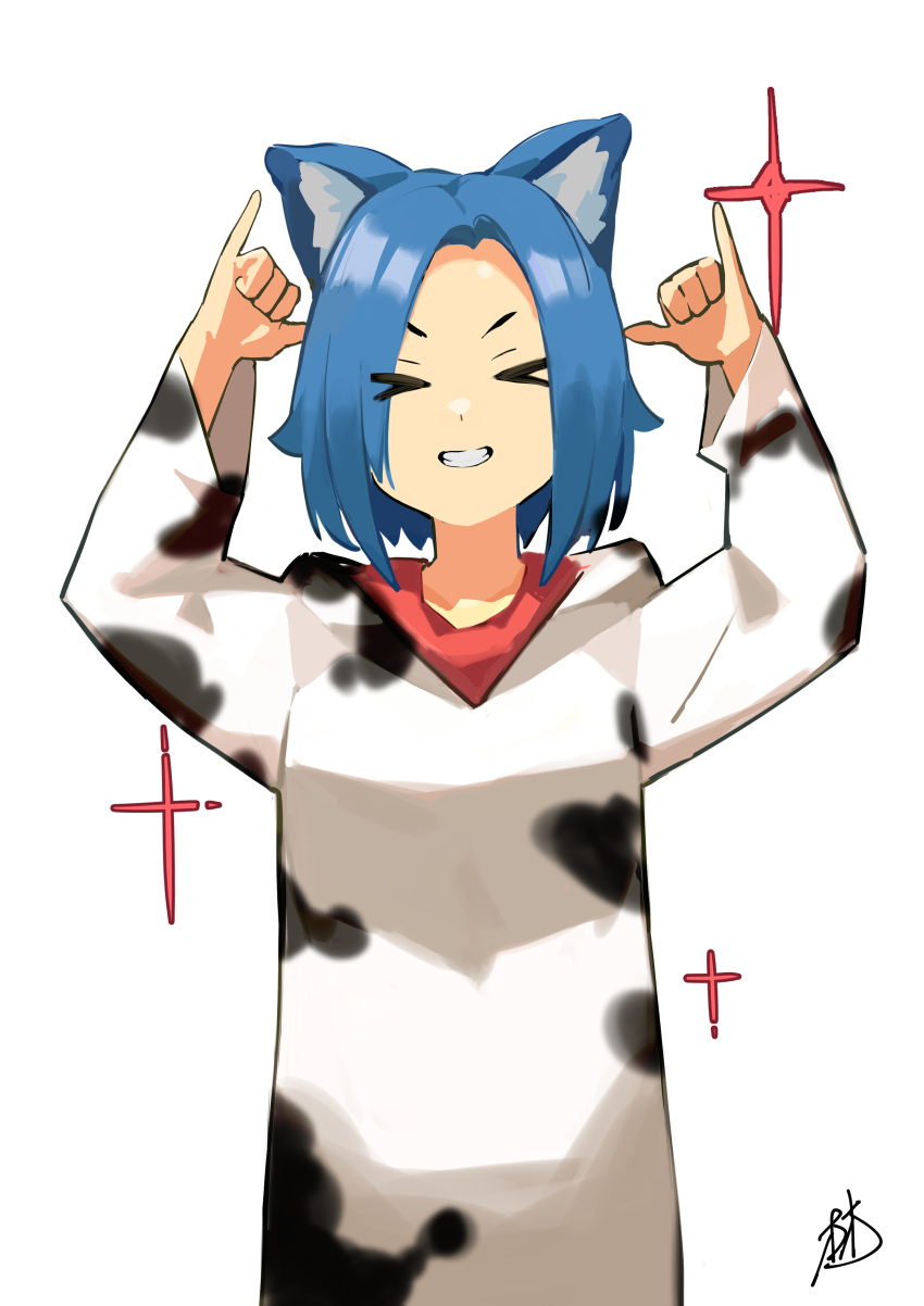 &gt;_&lt; 1girl absurdres animal_ear_fluff animal_ears animal_print arms_up blue_hair cat_ears chinese_commentary commentary_request cow_print eyes_visible_through_hair grin highres hinata_channel inugami_kokage linpiu long_sleeves nekomiya_hinata onesie parted_lips short_hair signature simple_background smile solo sparkle upper_body virtual_youtuber white_background